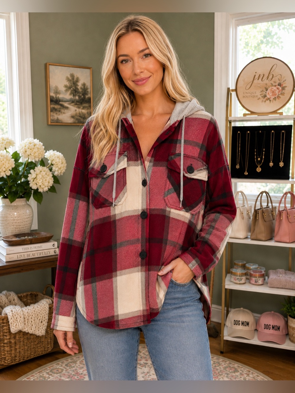 Zenana CABNERNET Plaid Drawstring Hooded Fleece Shacket NWT